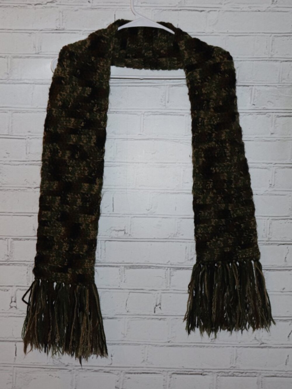 🧶 Handmade Crocheted Camo Scarf · 52" x 6" · Green & Brown · Fringe Ends